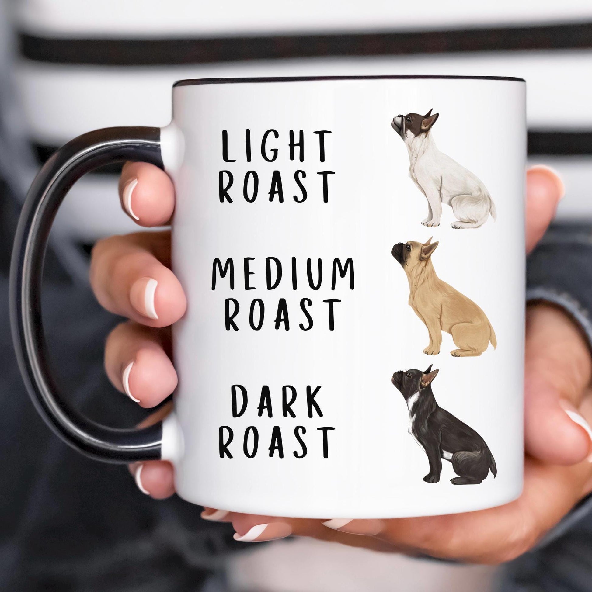 French Bulldog Coffee Mug Funny Pet Lover Gift Ceramic Cup Design Light Blue Accent Color Custom Birthday Present Dog Owner Collection Coffee Lover Essential Daily Use Tumbler Cute Puppy Illustration Roast Level Text Home Decor Perfect Gift