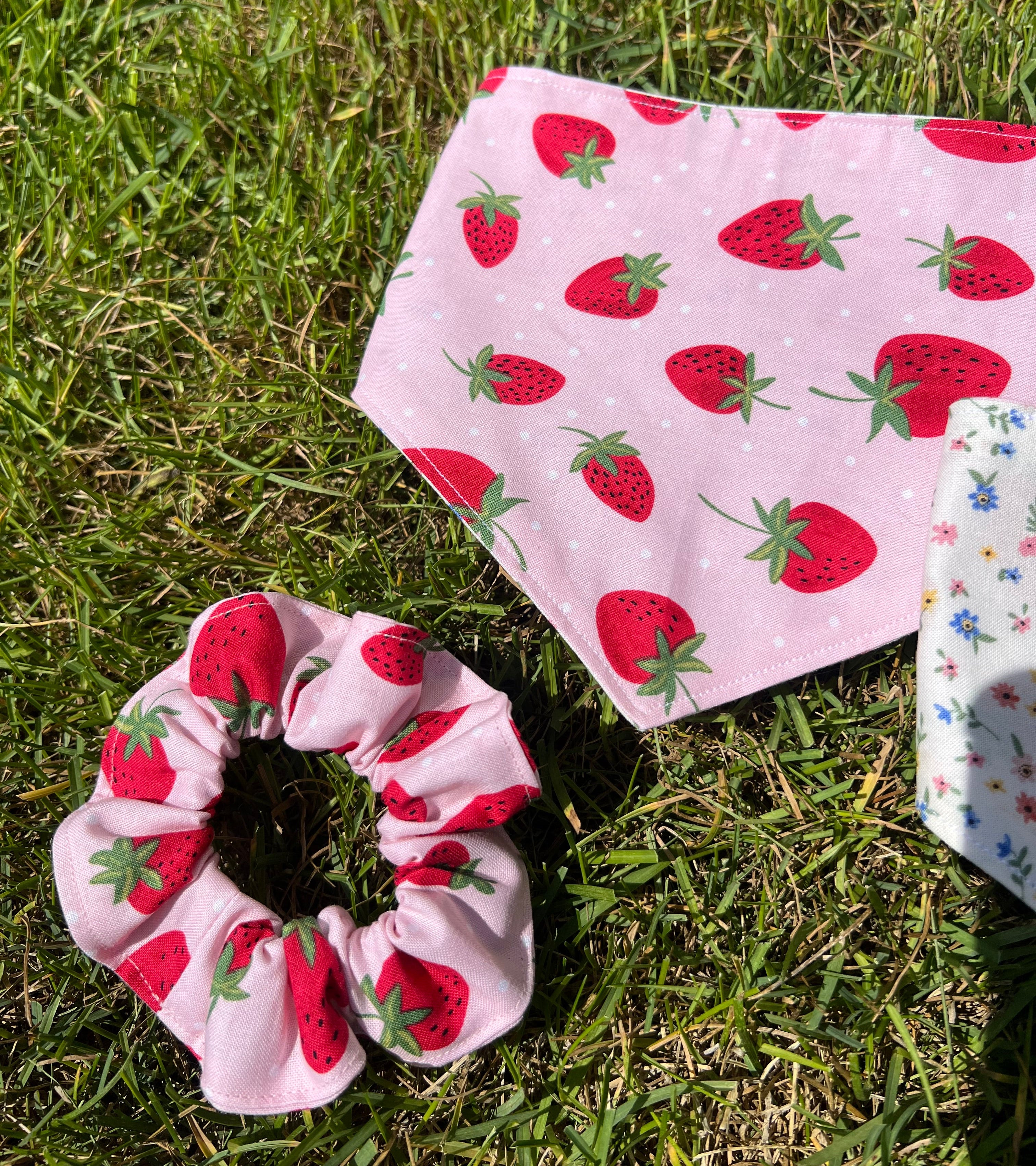 Reversable Dog Bandana Cotton Pet Accessory Snap Closure Design Summer Fashion Collection Adjustable Neck Size Pink Floral Pattern Strawberry Print Style Two Sided Wear Quality Material Comfortable Fit Multiple Size Options Perfect