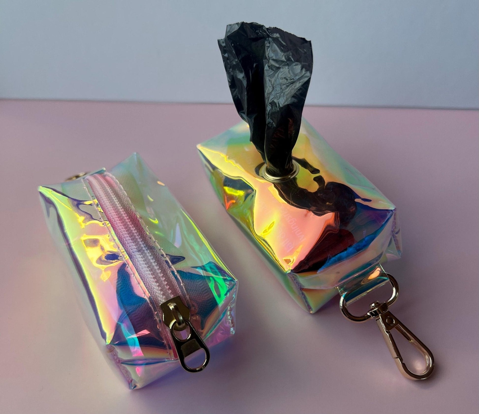 Holographic Pet Accessory Rainbow Design Dog Waste Container Walking Storage Solution Premium Quality Construction Metal Clip Attachment Convenient Poop Bag Holder Essential Pet Supply Stylish Organizer Beautiful Iridescent Pattern Daily