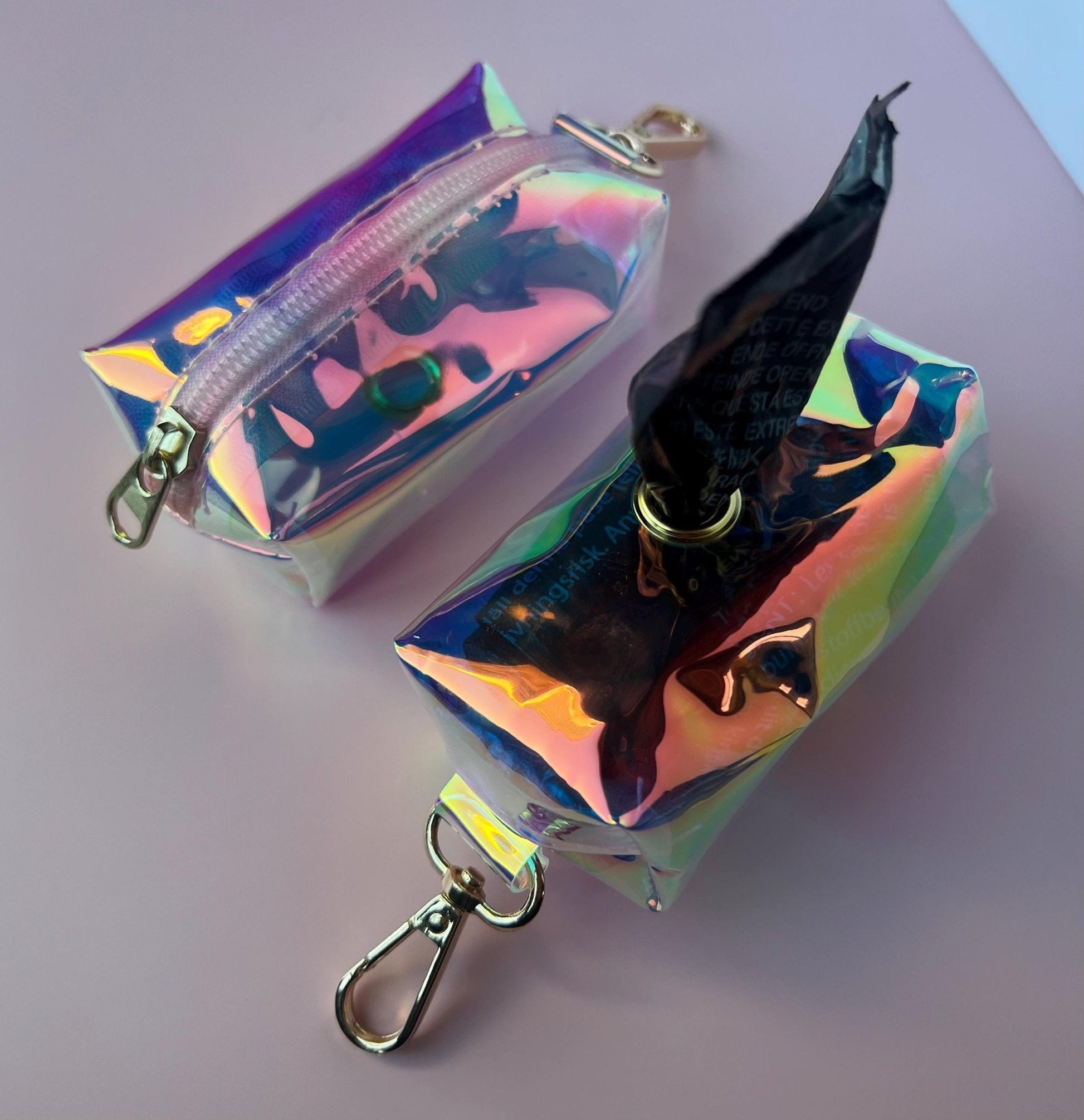 Dog Waste Bag Holder Premium Pet Walking Accessory Holographic Rainbow Design Storage Container Metal Clip Attachment Convenient Poop Bag Dispenser Durable PVC Construction Stylish Pet Supply Essential Daily Walk Organizer Beautiful