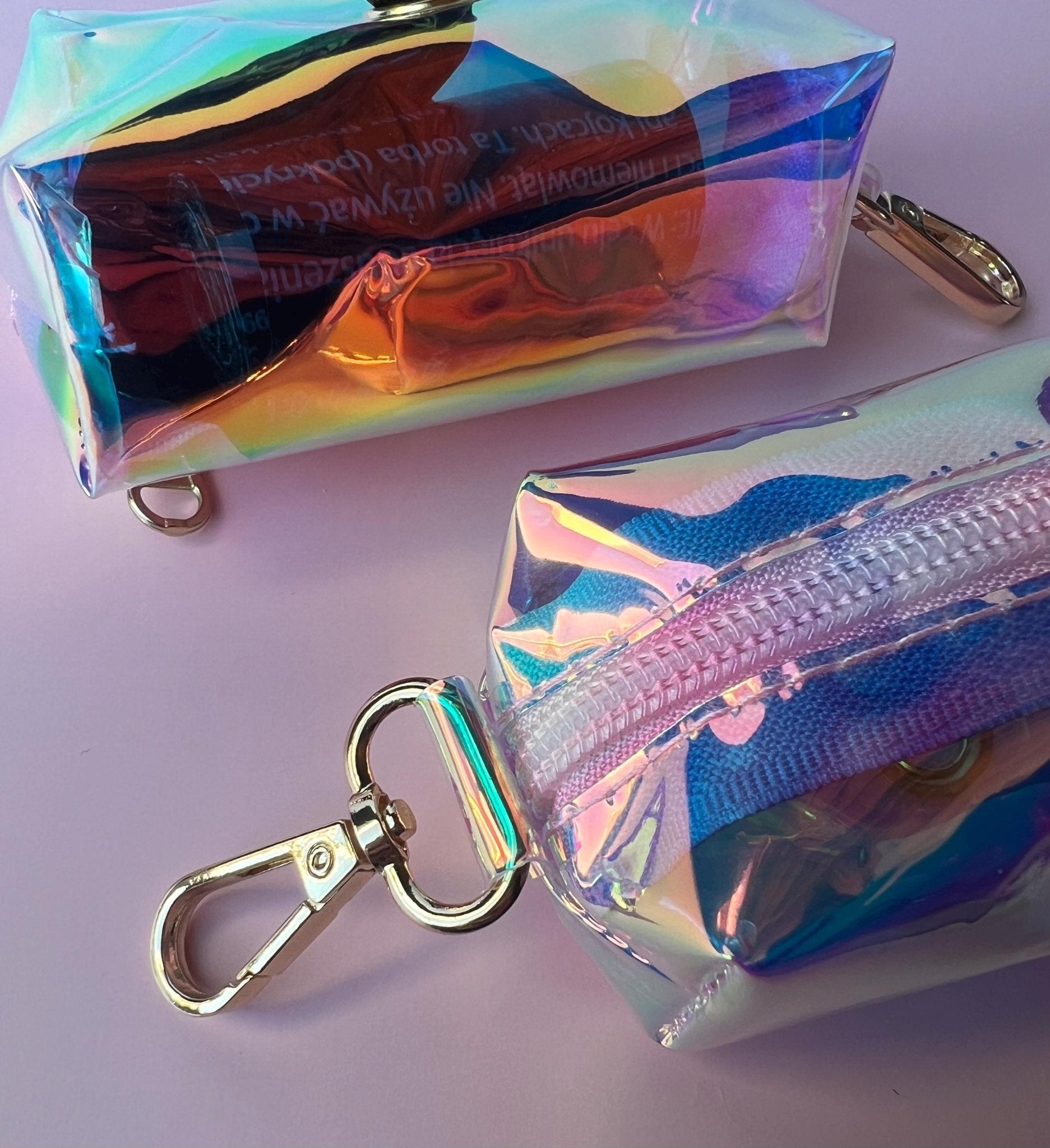 Pet Walking Organizer Holographic Waste Bag Holder Premium Storage Solution Rainbow Design Container Durable PVC Construction Metal Clip Attachment Convenient Poop Bag Dispenser Essential Dog Supply Beautiful Iridescent Pattern Daily Helper