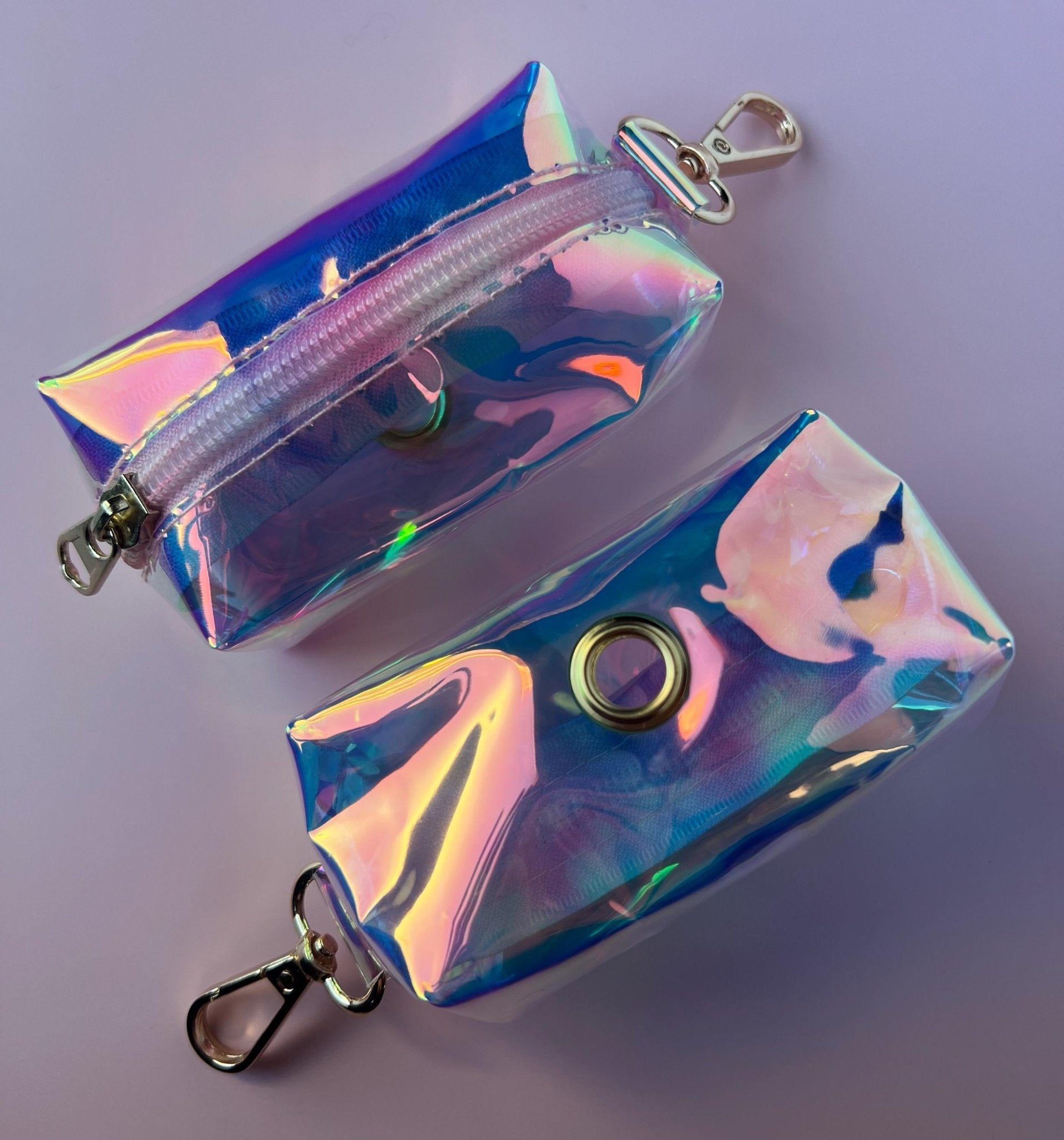 Pet Storage Solution Holographic Dog Waste Container Premium Walking Accessory Rainbow Design Holder Durable PVC Construction Metal Clip Attachment Essential Supply Organizer Beautiful Iridescent Pattern Convenient Daily Walk Helper