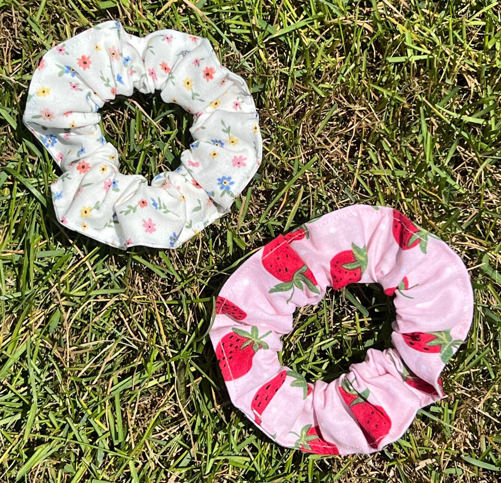 Cotton Fabric Hair Scrunchie with Elastic BandAvailable in Strawberry PrintButterfly Printor Floral Print PatternsMatching Dog Bandanas Available Separately