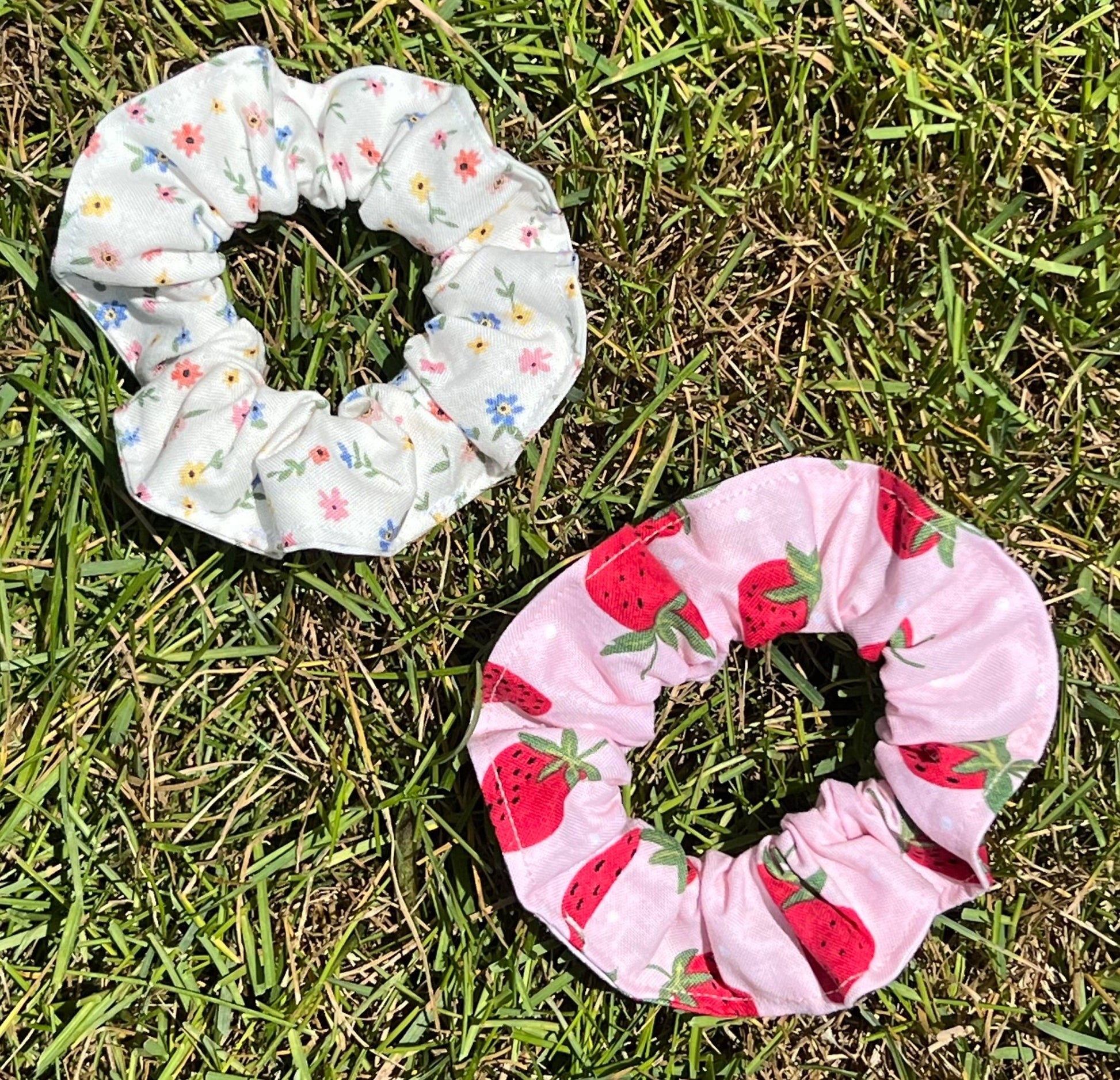 Cotton Fabric Hair Scrunchie with Elastic BandAvailable in Strawberry PrintButterfly Printor Floral Print PatternsMatching Dog Bandanas Available Separately