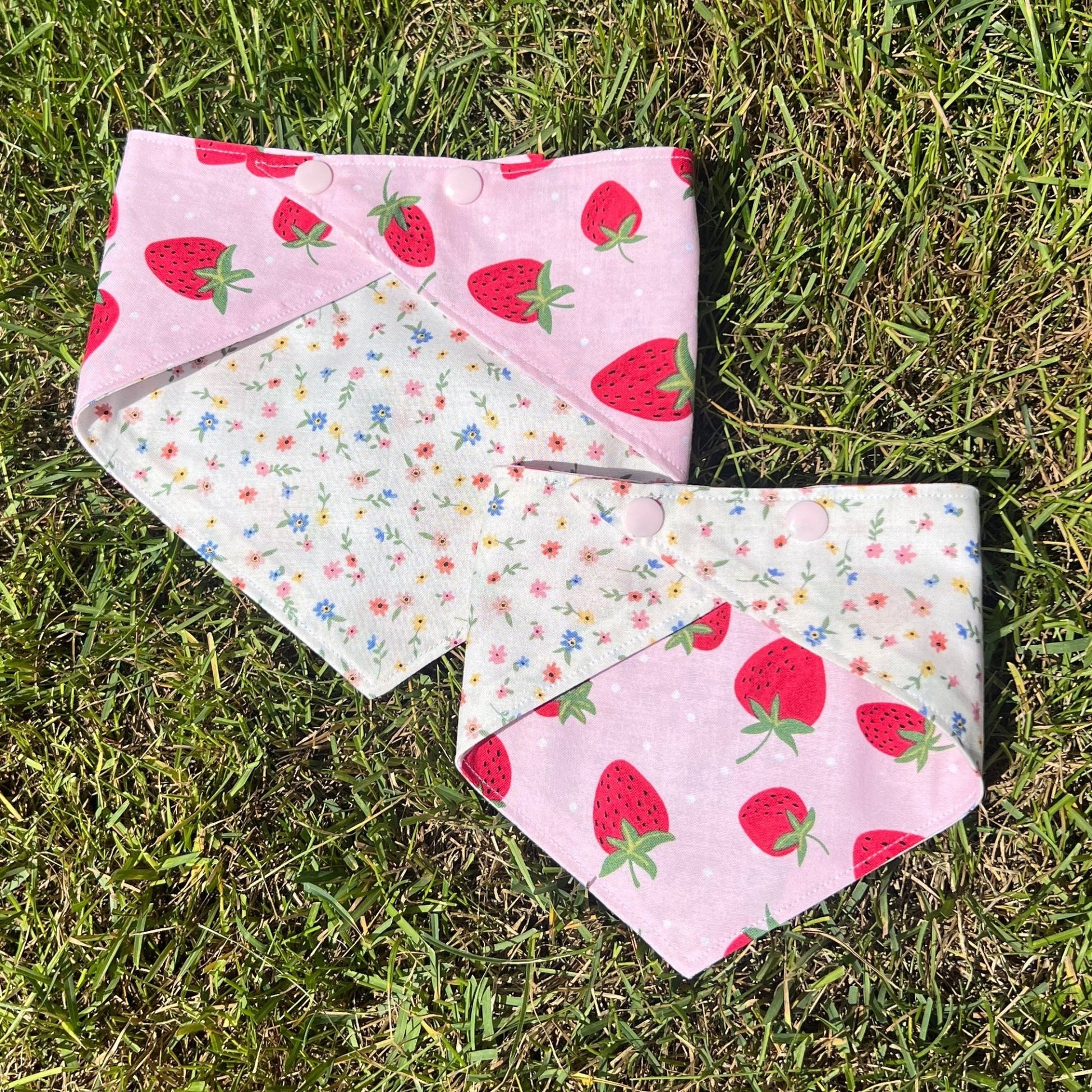 Fashion Pet Accessory Reversable Cotton Bandana Summer Style Collection Pink Floral Pattern Quality Design Strawberry Print Detail Snap Closure System Multiple Size Options Comfortable Neck Fit Perfect Gift Choice